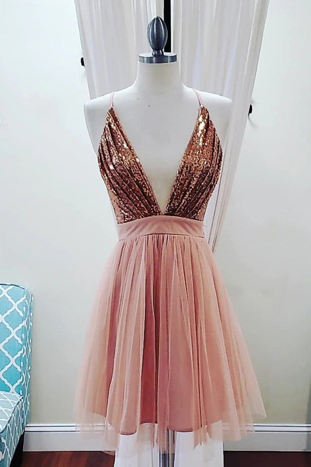 Vestidos de fiesta cortos con escote en V profundo, tirantes finos, sin mangas y lentejuelas, vestidos de regreso a casa 