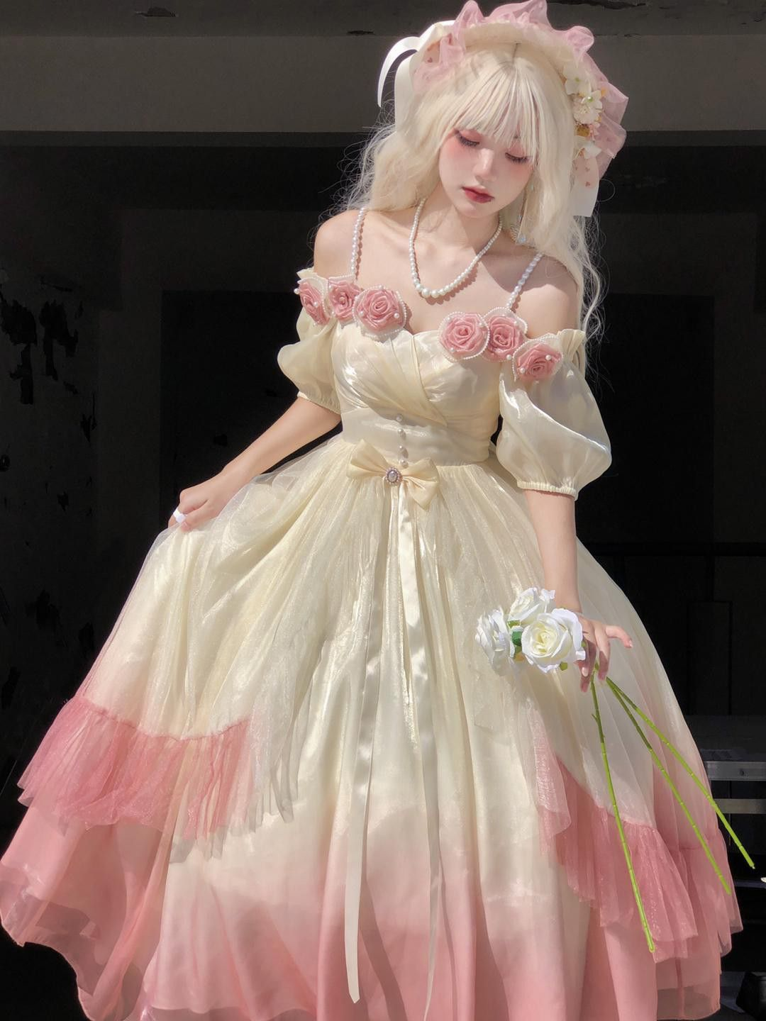 Vestido de fiesta de máscaras con flores rosas, vestido de novia floral degradado rosa champán, vestido de princesa vintage con perlas Y2401