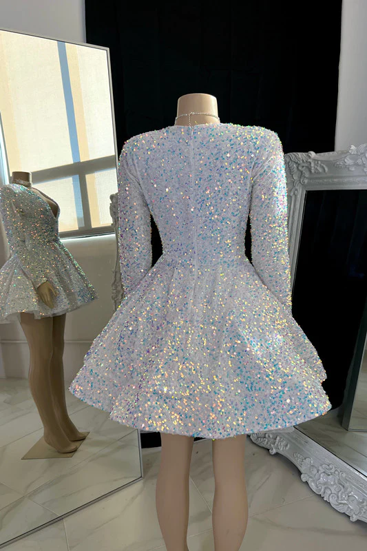 Vestido de graduación con escote en V y lentejuelas, corte A, blanco, corto, para el regreso a casa, Y1951