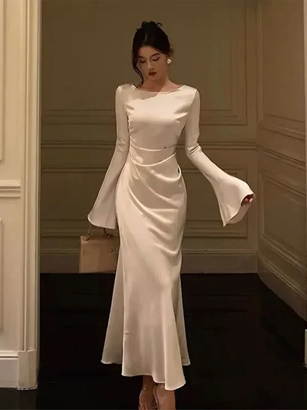 Vestido de noche de satén con cuello redondo para mujer, vestido de cóctel blanco sencillo Y6894