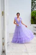 Lavendelfarbenes Ballkleid aus Tüll mit tiefem V-Ausschnitt, Lavendelfarbenes Abendkleid Y6185