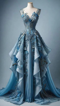 Vestido de noche largo elegante de gasa azul con apliques y volantes Y8385
