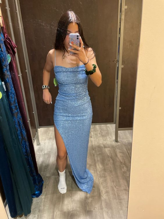 Vestido de noche azul con lentejuelas y corte tubo/columna, sexy, Y446