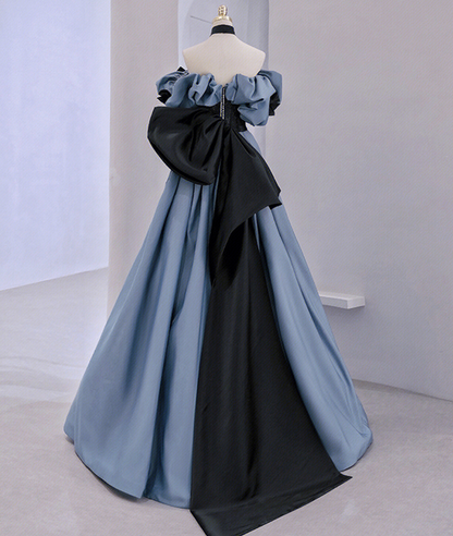 Schulterfreies langes Ballkleid aus Satinspitze, blaues Abendkleid Y2619