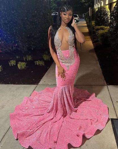 Wunderschönes rosa Perlen Pailletten Abendkleid Meerjungfrau Ballkleid Y8016