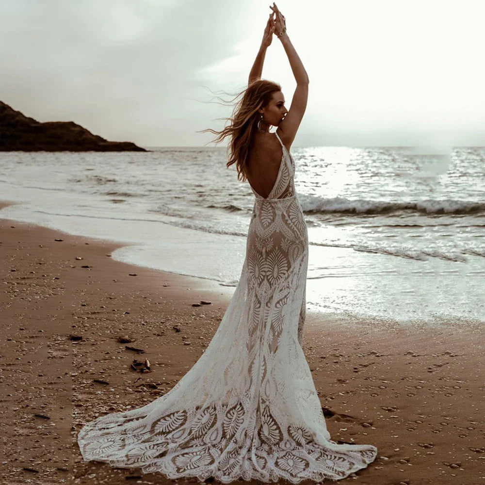 Sexy Lace V Neck Beach Mermaid Wedding Dresses 2023 Spaghetti Straps Sleeveless Bridal Dresses Backless Vestidos De Novia-payinti