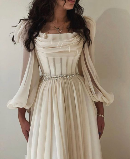 Vestido de noche árabe midi corto beige con cinturón, manga larga, largo hasta la rodilla, para mujer, vestido formal de boda Y4847