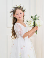 Salbeigrünes Blumenmädchenkleid aus Stoff mit U-Ausschnitt und Tüll (2003227581) 