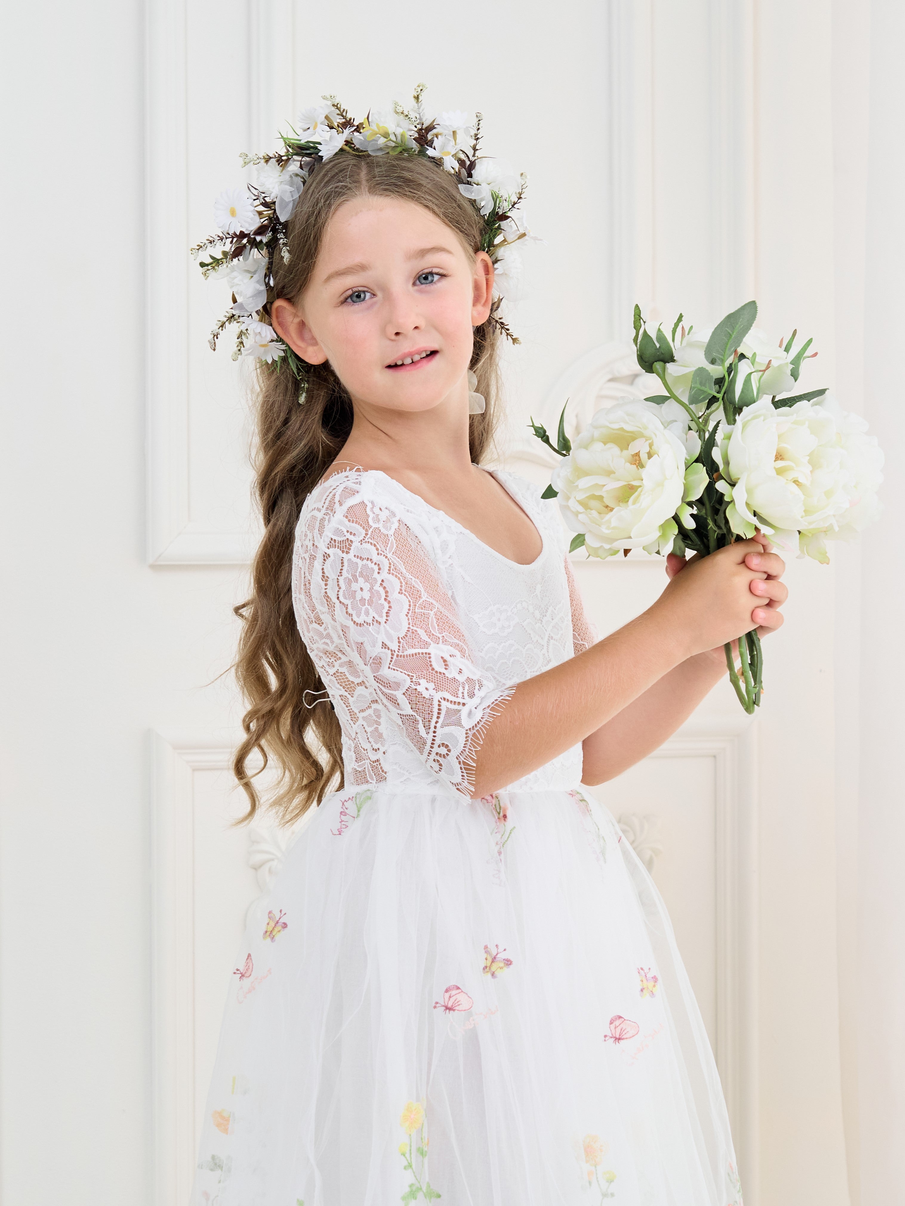 Salbeigrünes Blumenmädchenkleid aus Stoff mit U-Ausschnitt und Tüll (2003227581) 