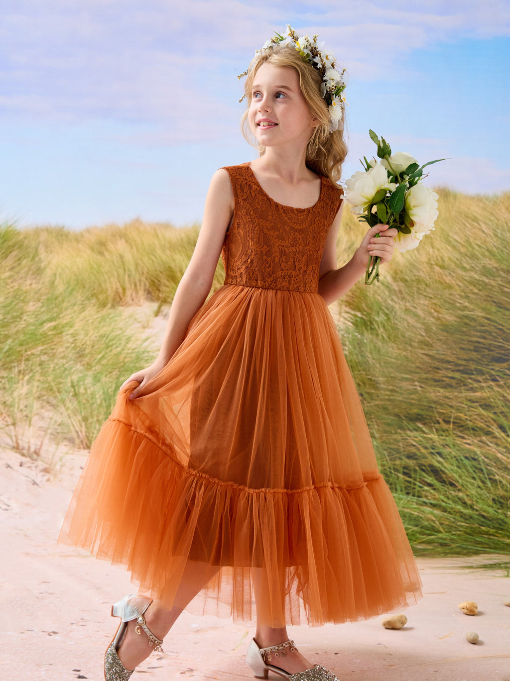 Lace Tulle Floor-length Boho Flower Girl Dress