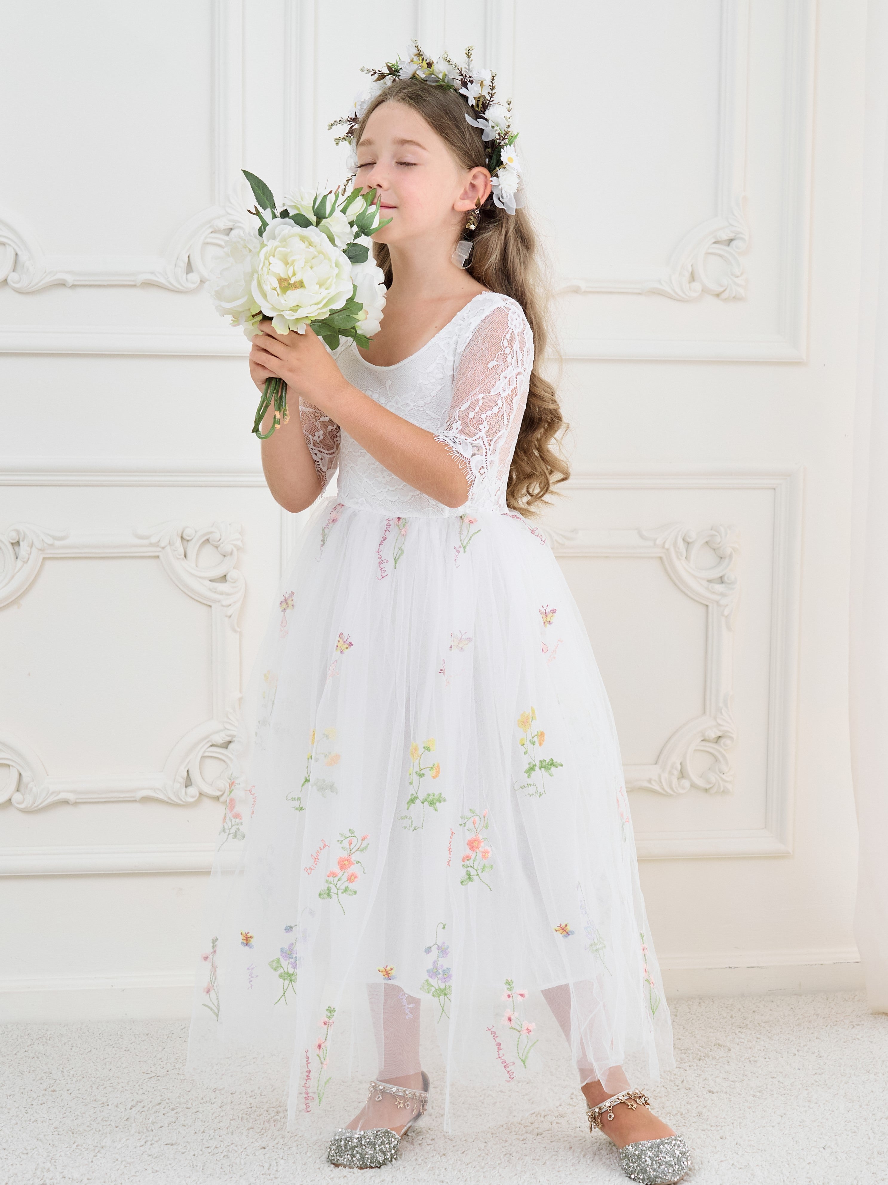 Salbeigrünes Blumenmädchenkleid aus Stoff mit U-Ausschnitt und Tüll (2003227581) 