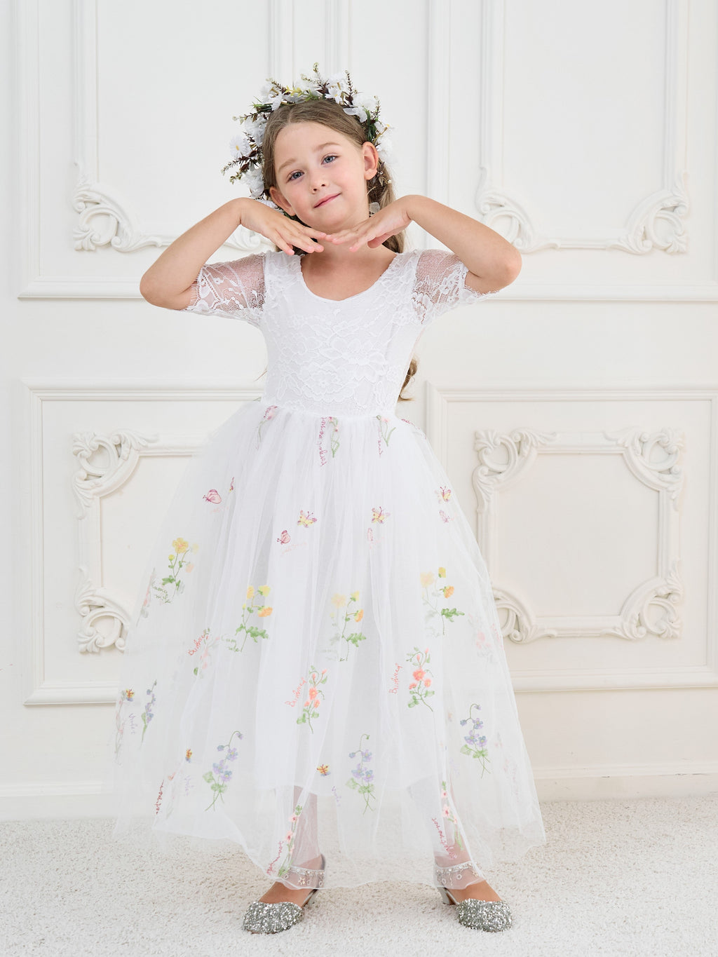 Salbeigrünes Blumenmädchenkleid aus Stoff mit U-Ausschnitt und Tüll (2003227581) 