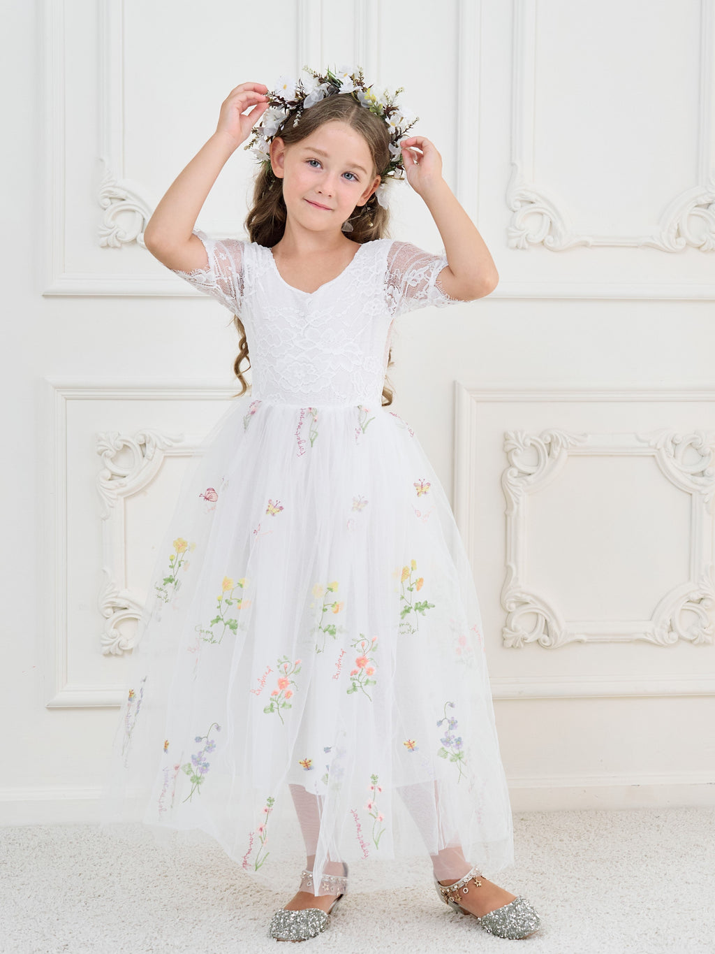 Salbeigrünes Blumenmädchenkleid aus Stoff mit U-Ausschnitt und Tüll (2003227581) 