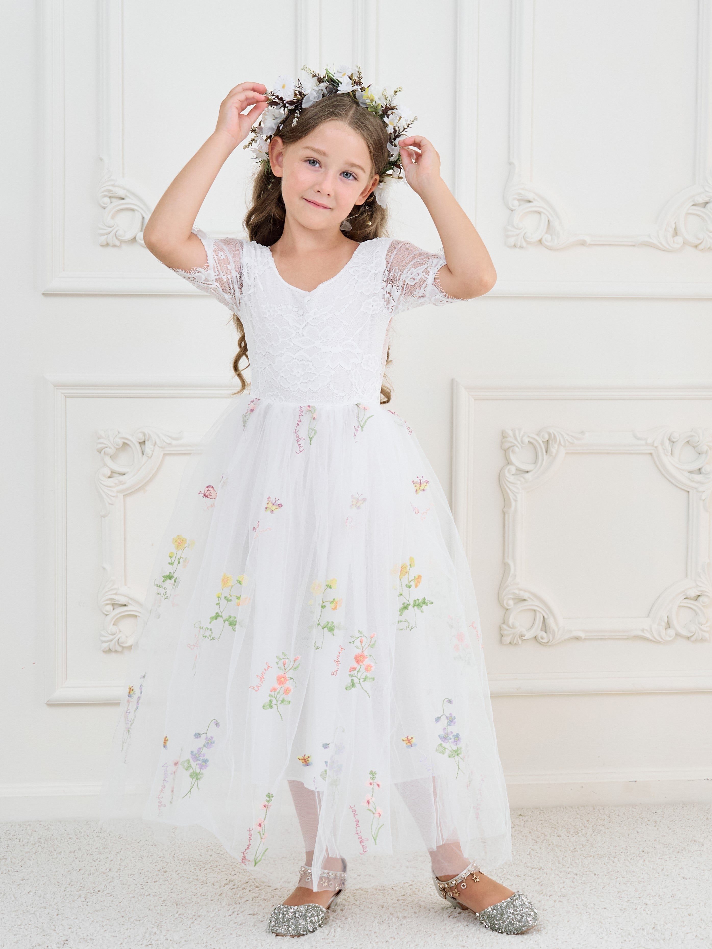 Salbeigrünes Blumenmädchenkleid aus Stoff mit U-Ausschnitt und Tüll (2003227581) 