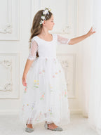 Salbeigrünes Blumenmädchenkleid aus Stoff mit U-Ausschnitt und Tüll (2003227581) 