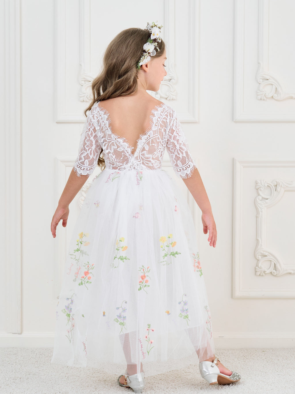 Salbeigrünes Blumenmädchenkleid aus Stoff mit U-Ausschnitt und Tüll (2003227581) 