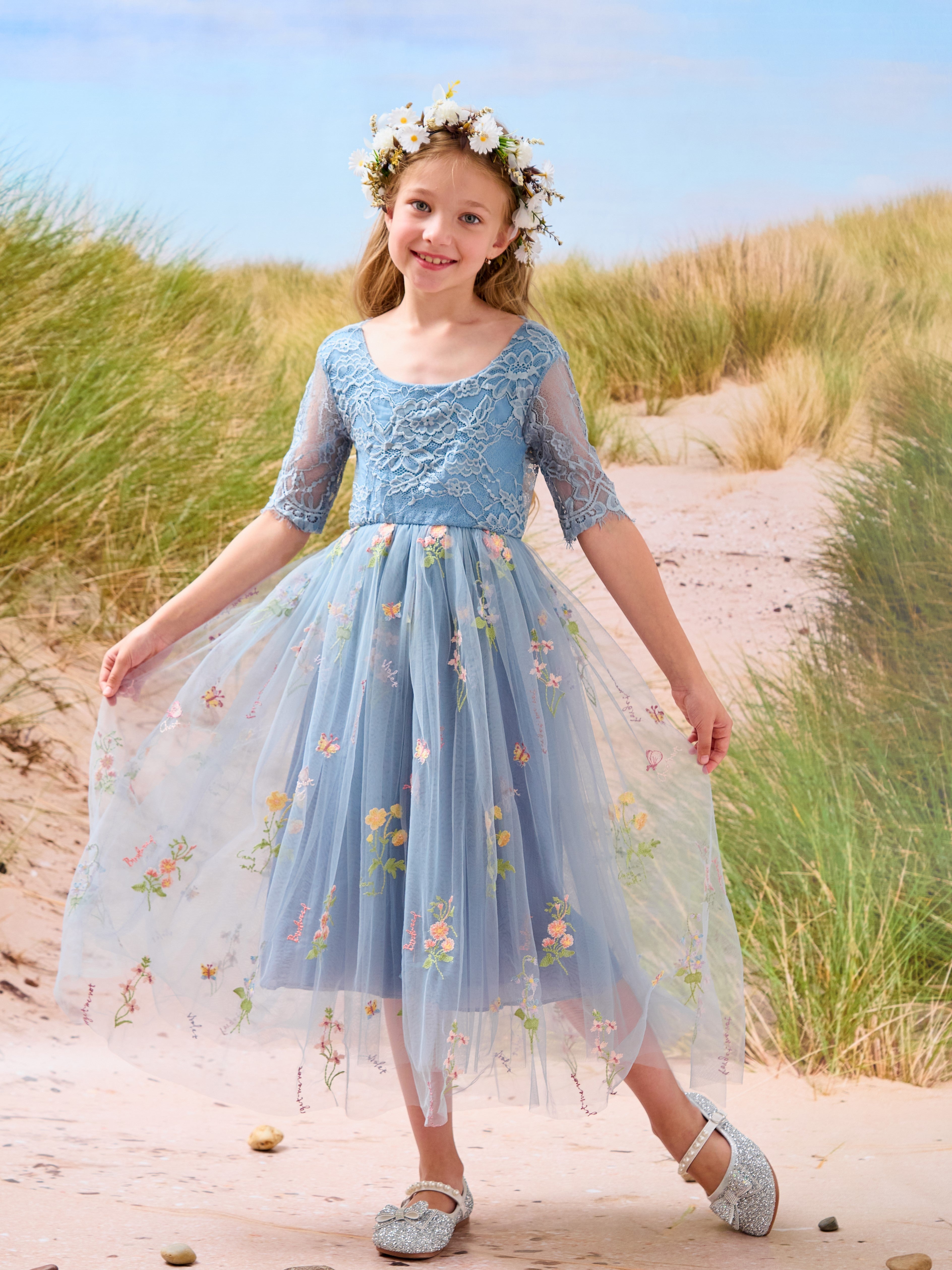 Salbeigrünes Blumenmädchenkleid aus Stoff mit U-Ausschnitt und Tüll (2003227581) 
