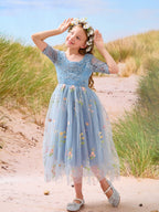 Salbeigrünes Blumenmädchenkleid aus Stoff mit U-Ausschnitt und Tüll (2003227581) 
