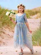 Salbeigrünes Blumenmädchenkleid aus Stoff mit U-Ausschnitt und Tüll (2003227581) 