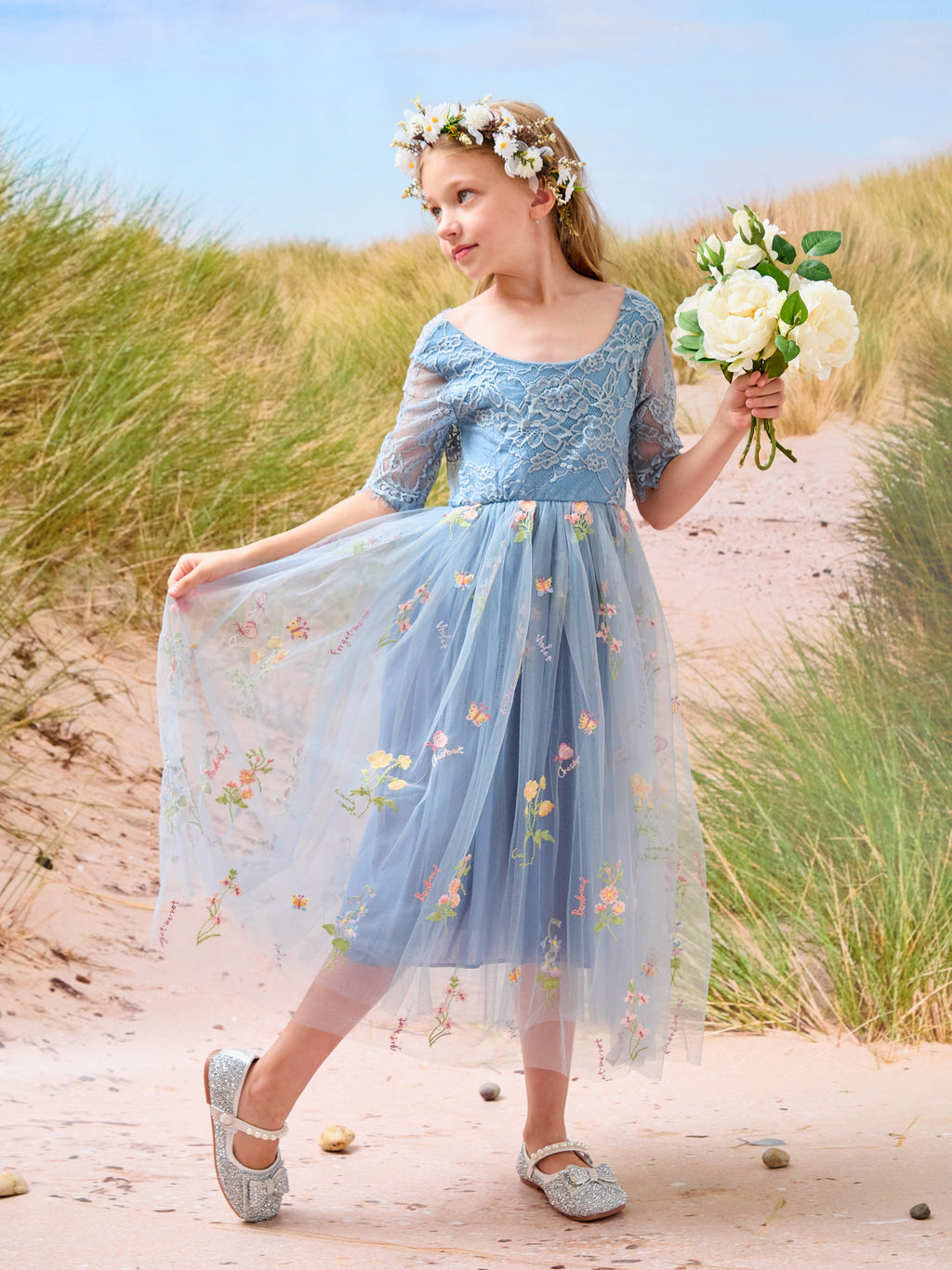 Salbeigrünes Blumenmädchenkleid aus Stoff mit U-Ausschnitt und Tüll (2003227581) 