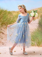 Salbeigrünes Blumenmädchenkleid aus Stoff mit U-Ausschnitt und Tüll (2003227581) 