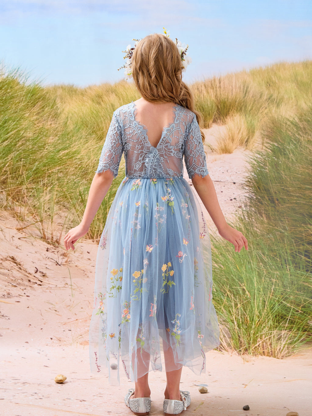 Salbeigrünes Blumenmädchenkleid aus Stoff mit U-Ausschnitt und Tüll (2003227581) 