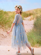 Salbeigrünes Blumenmädchenkleid aus Stoff mit U-Ausschnitt und Tüll (2003227581) 
