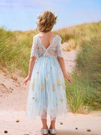 Salbeigrünes Blumenmädchenkleid aus Stoff mit U-Ausschnitt und Tüll (2003227581) 