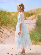 Salbeigrünes Blumenmädchenkleid aus Stoff mit U-Ausschnitt und Tüll (2003227581) 