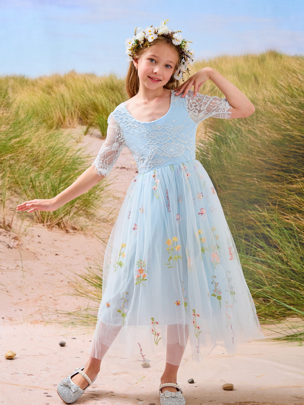 Salbeigrünes Blumenmädchenkleid aus Stoff mit U-Ausschnitt und Tüll (2003227581) 