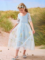Salbeigrünes Blumenmädchenkleid aus Stoff mit U-Ausschnitt und Tüll (2003227581) 