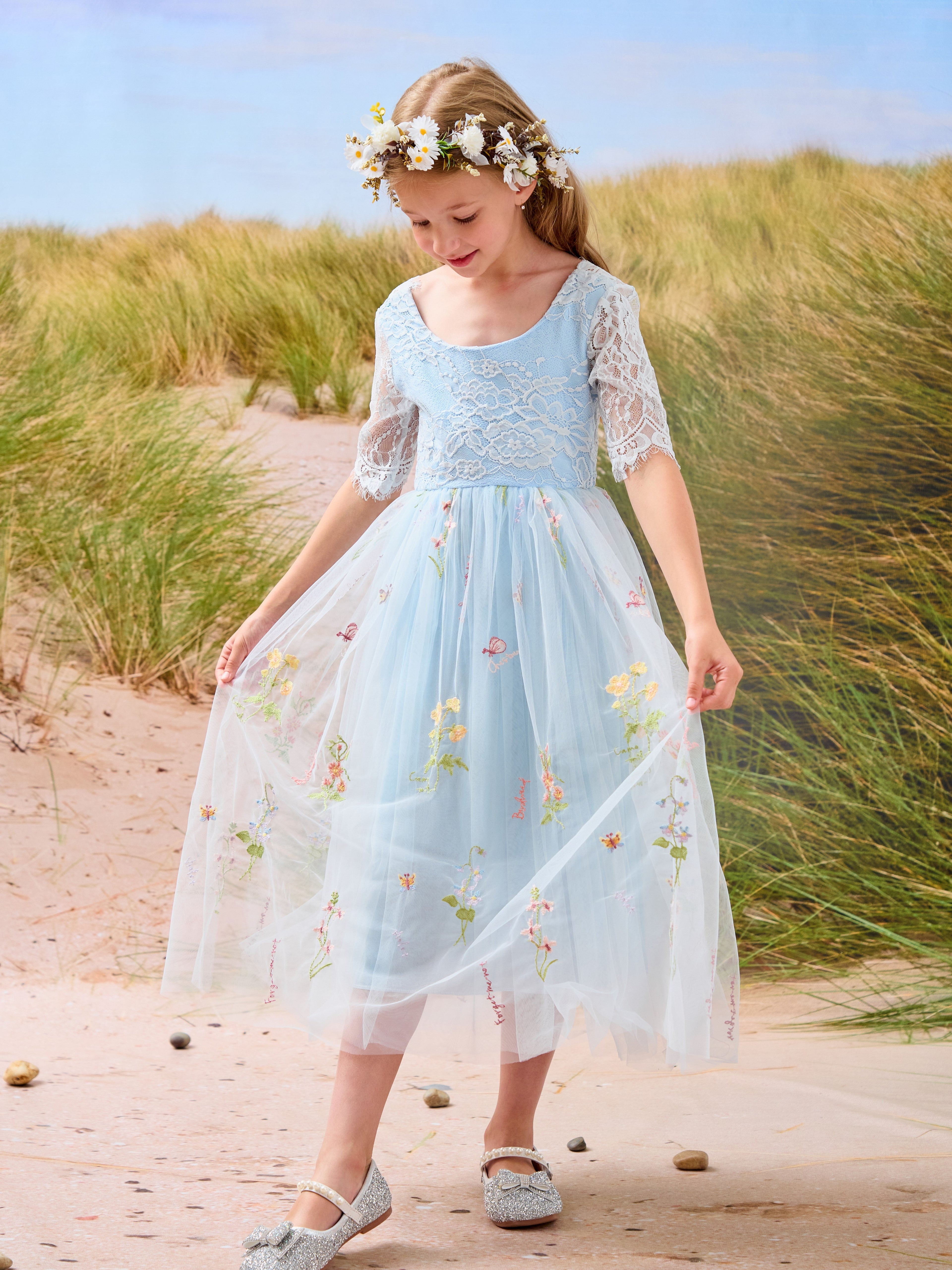 Salbeigrünes Blumenmädchenkleid aus Stoff mit U-Ausschnitt und Tüll (2003227581) 