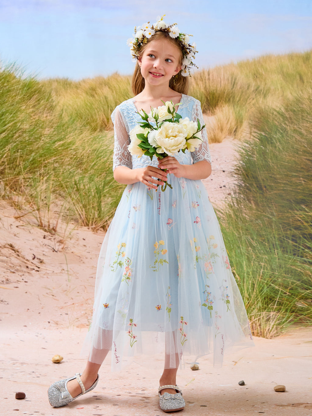 Salbeigrünes Blumenmädchenkleid aus Stoff mit U-Ausschnitt und Tüll (2003227581) 