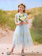 Salbeigrünes Blumenmädchenkleid aus Stoff mit U-Ausschnitt und Tüll (2003227581) 