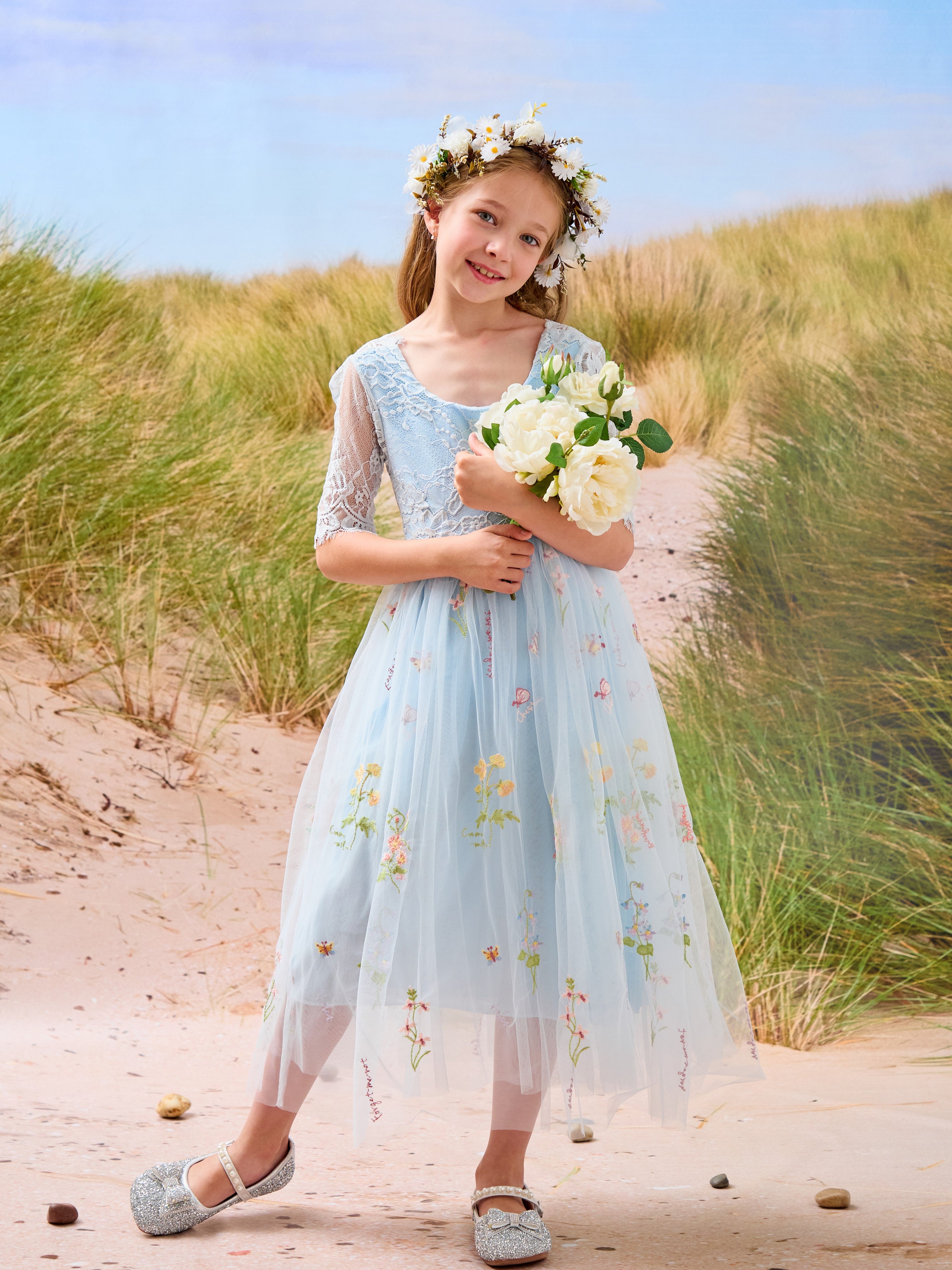 Salbeigrünes Blumenmädchenkleid aus Stoff mit U-Ausschnitt und Tüll (2003227581) 