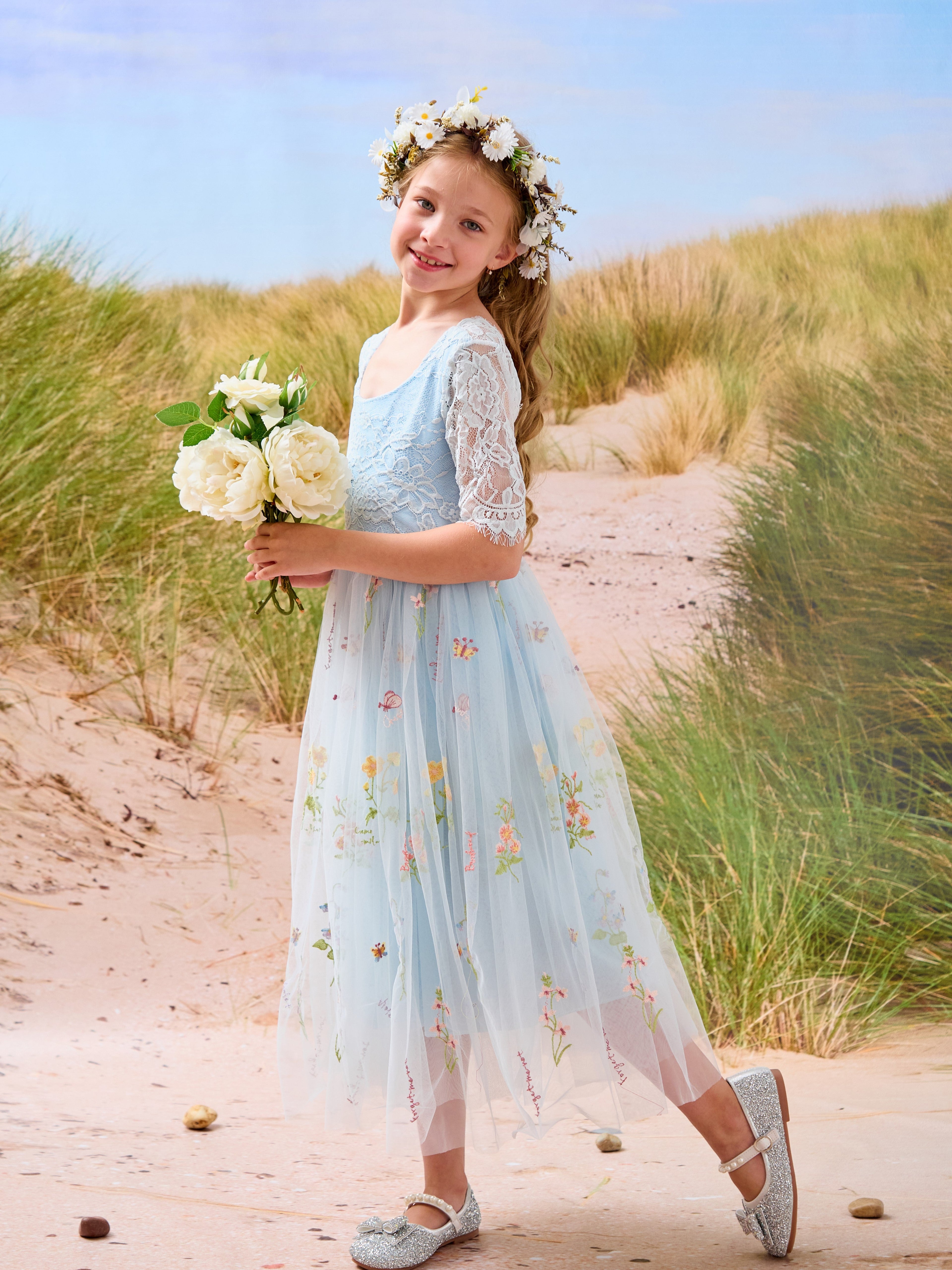 Salbeigrünes Blumenmädchenkleid aus Stoff mit U-Ausschnitt und Tüll (2003227581) 