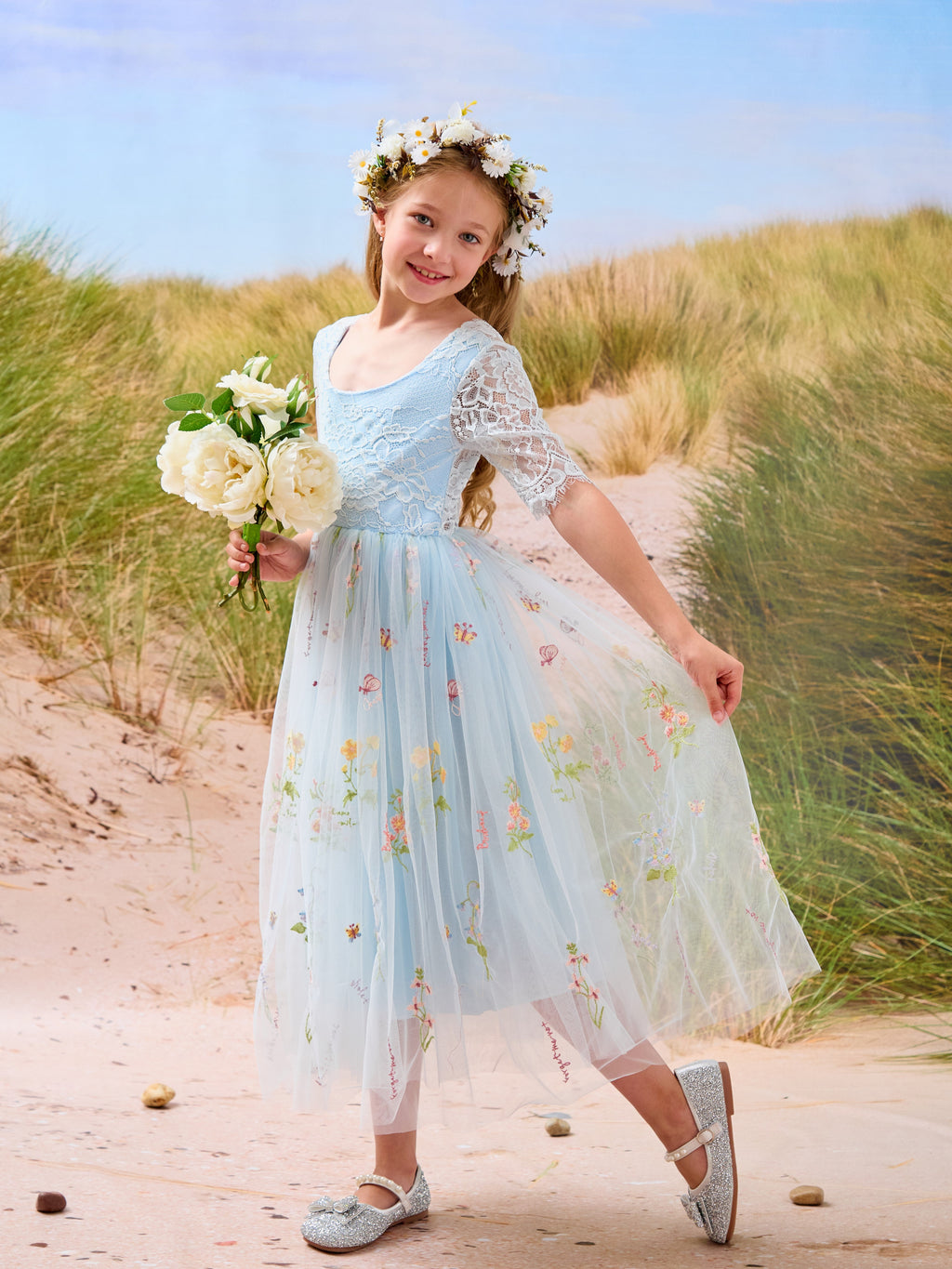 Salbeigrünes Blumenmädchenkleid aus Stoff mit U-Ausschnitt und Tüll (2003227581) 