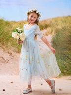 Salbeigrünes Blumenmädchenkleid aus Stoff mit U-Ausschnitt und Tüll (2003227581) 