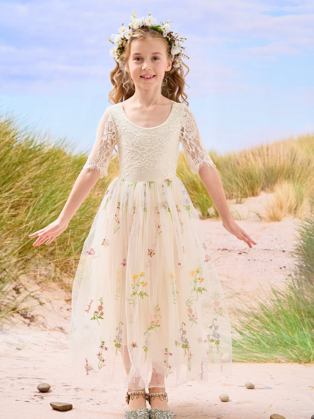 Salbeigrünes Blumenmädchenkleid aus Stoff mit U-Ausschnitt und Tüll (2003227581) 