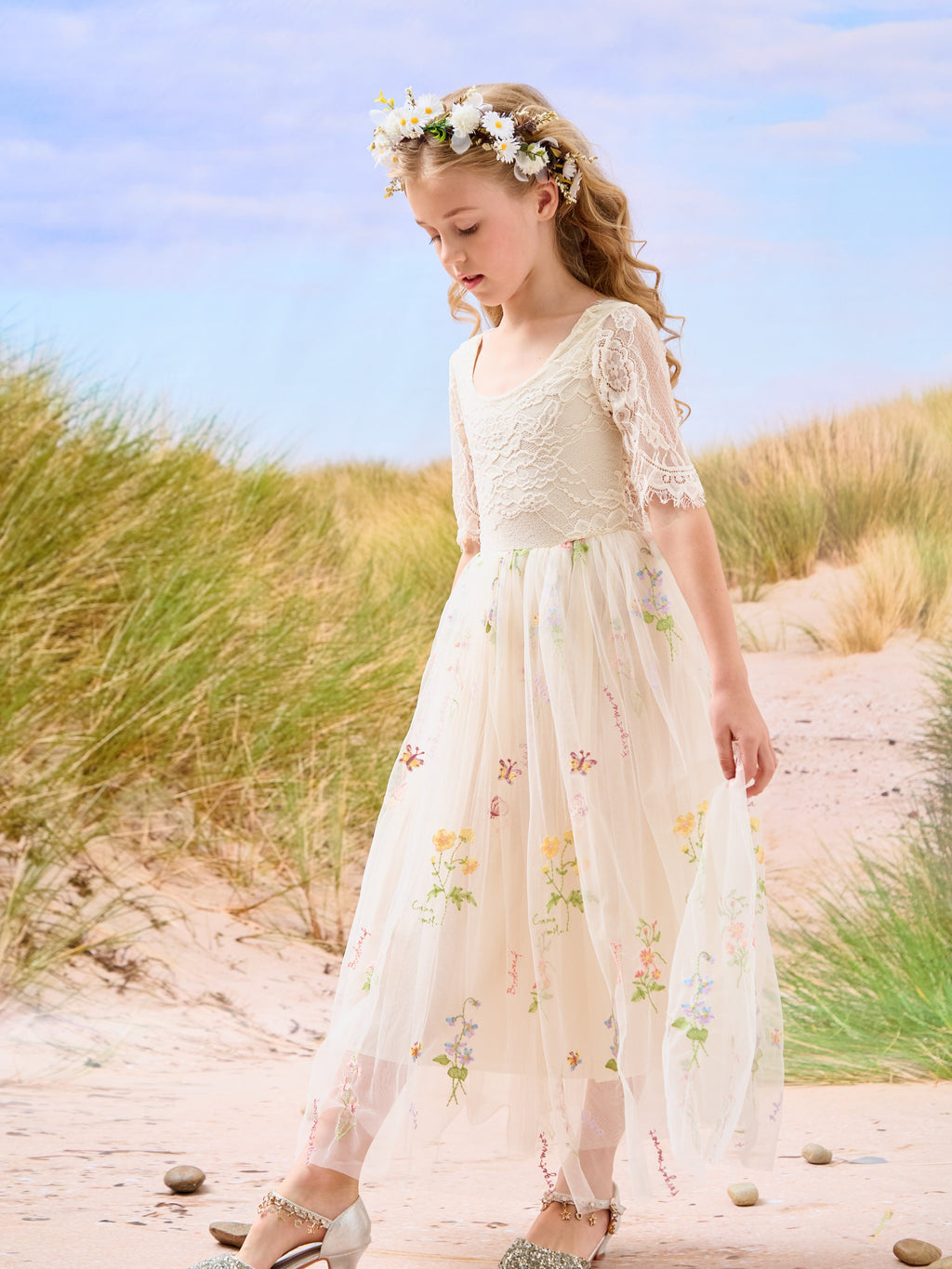 Salbeigrünes Blumenmädchenkleid aus Stoff mit U-Ausschnitt und Tüll (2003227581) 