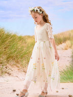 Salbeigrünes Blumenmädchenkleid aus Stoff mit U-Ausschnitt und Tüll (2003227581) 
