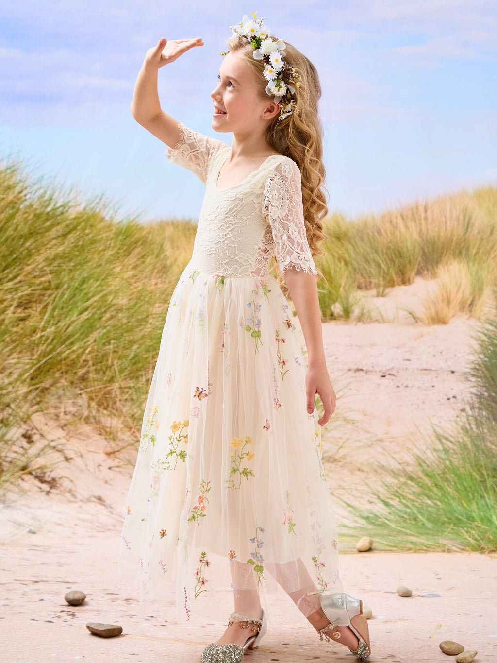 Salbeigrünes Blumenmädchenkleid aus Stoff mit U-Ausschnitt und Tüll (2003227581) 