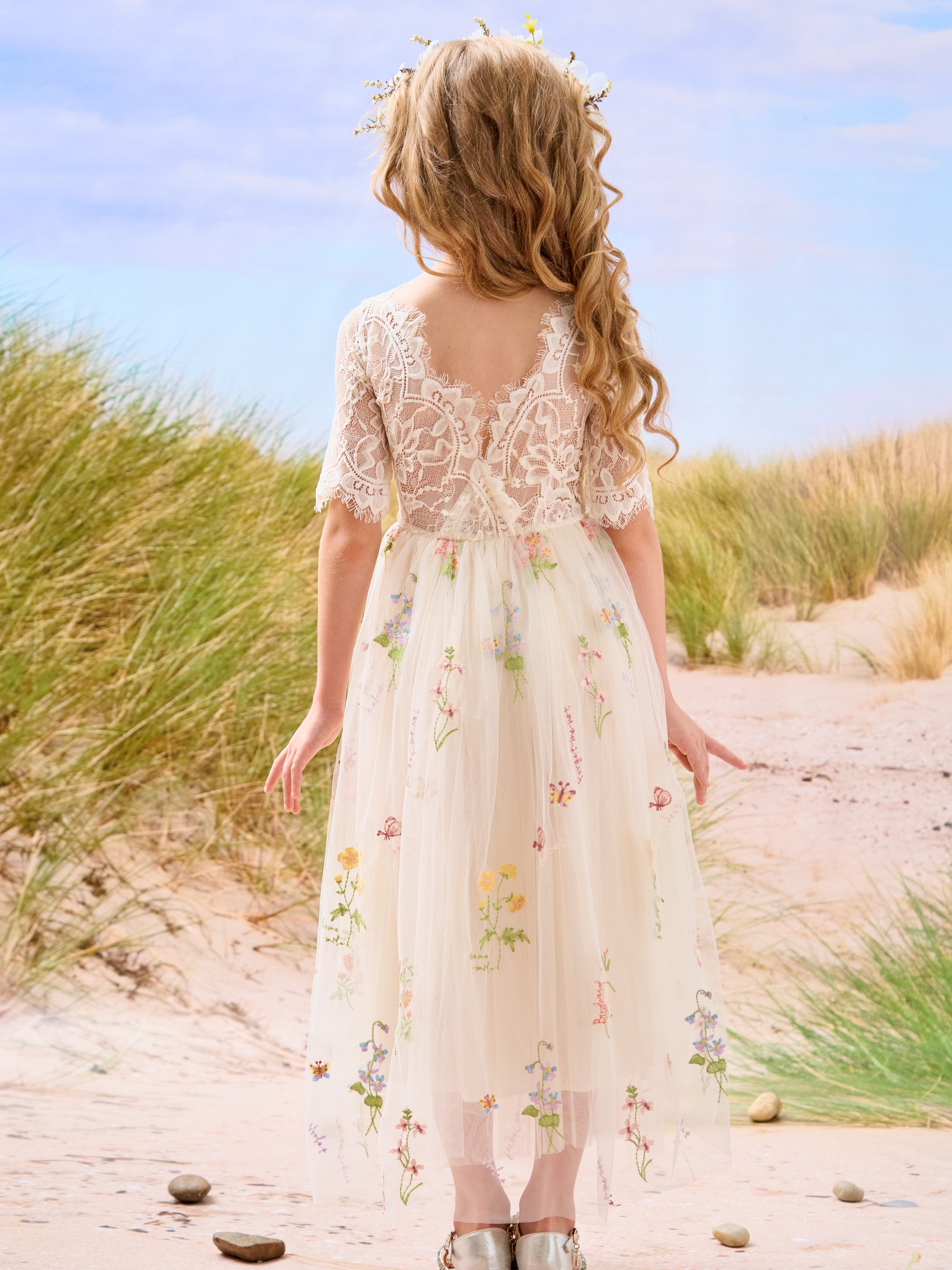 Salbeigrünes Blumenmädchenkleid aus Stoff mit U-Ausschnitt und Tüll (2003227581) 