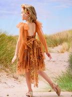 Knielanges Blumenmädchenkleid aus gebranntem orangefarbenem Spitzentüll mit Stickerei 