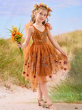 Knielanges Blumenmädchenkleid aus gebranntem orangefarbenem Spitzentüll mit Stickerei 