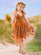 Knielanges Blumenmädchenkleid aus gebranntem orangefarbenem Spitzentüll mit Stickerei 