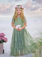 Salbeigrünes Strand-Resort-Boho-Blumenkleid aus Spitze 