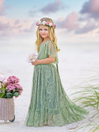 Salbeigrünes Strand-Resort-Boho-Blumenkleid aus Spitze 