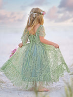 Salbeigrünes Strand-Resort-Boho-Blumenkleid aus Spitze 