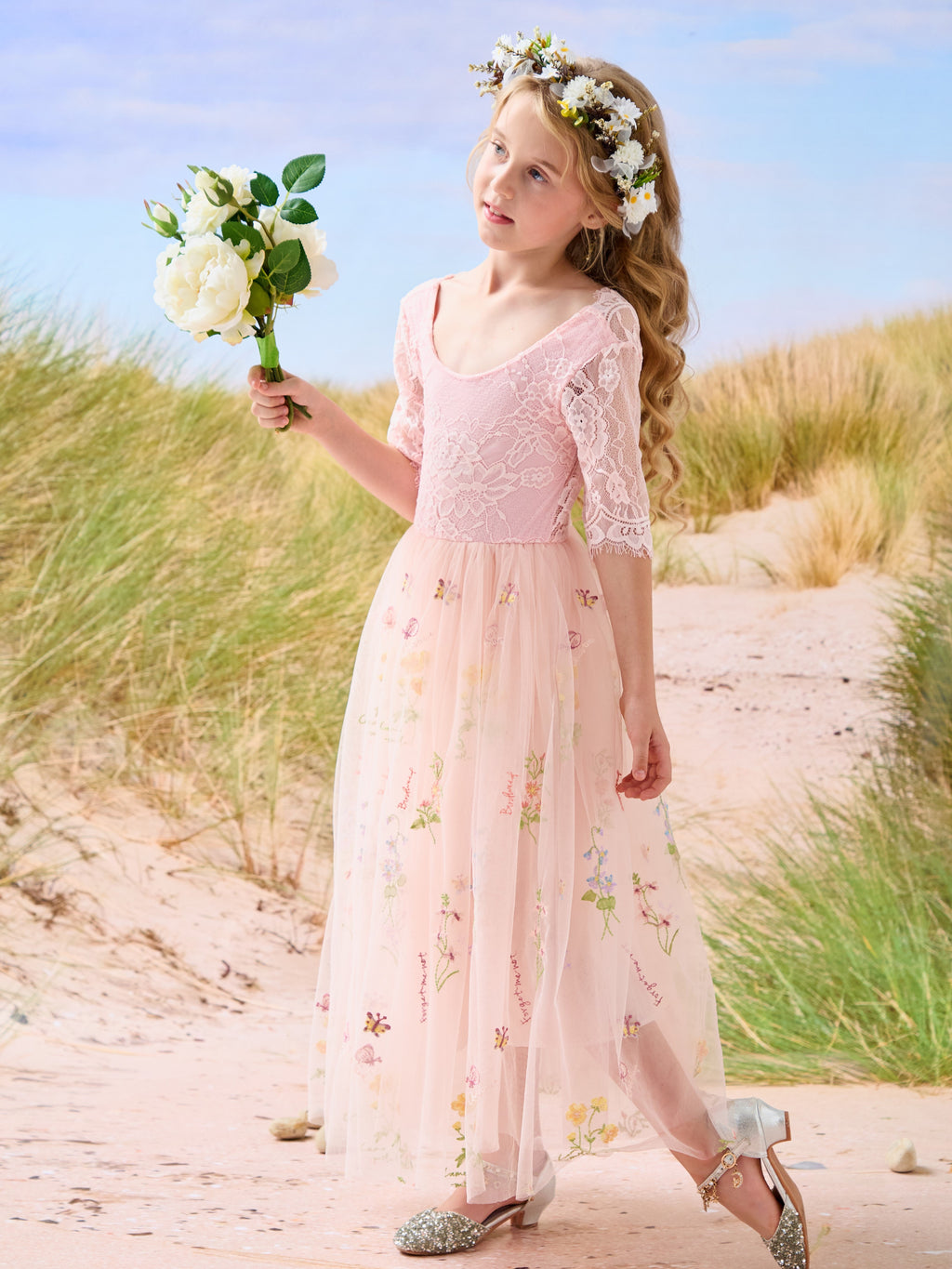 Salbeigrünes Blumenmädchenkleid aus Stoff mit U-Ausschnitt und Tüll (2003227581) 